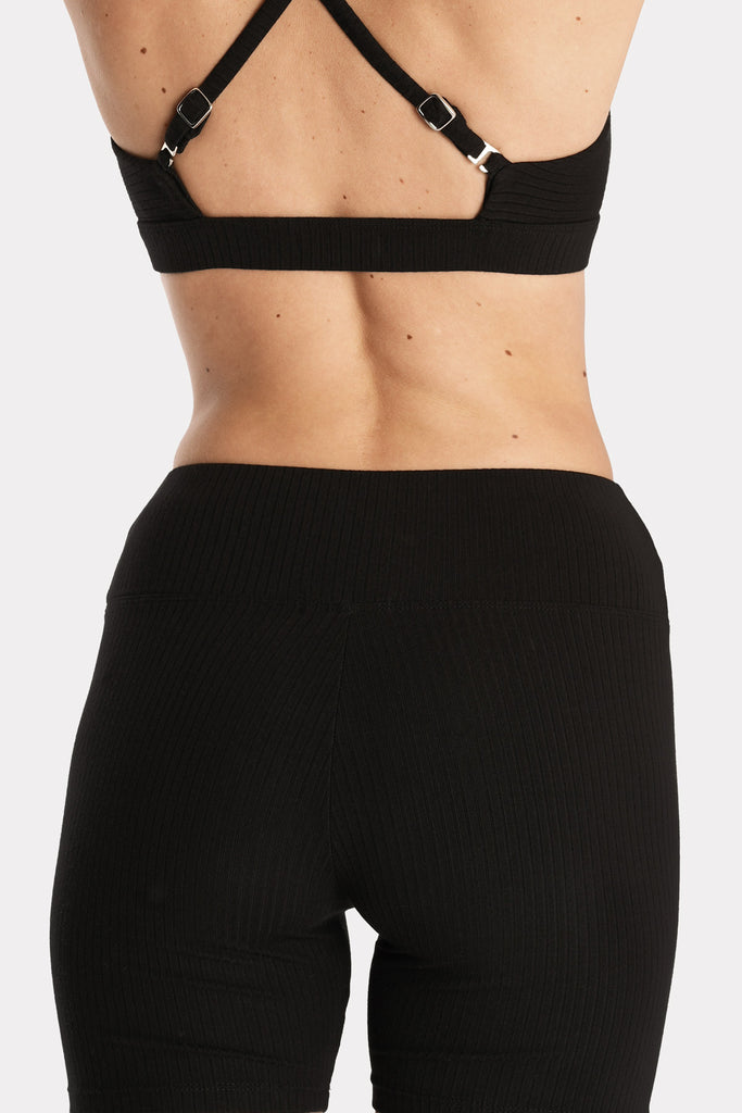 ECO RIB BIKER SHORTS | BLACK with ECO RIB BRALETTE | BLACK; back side detail view.