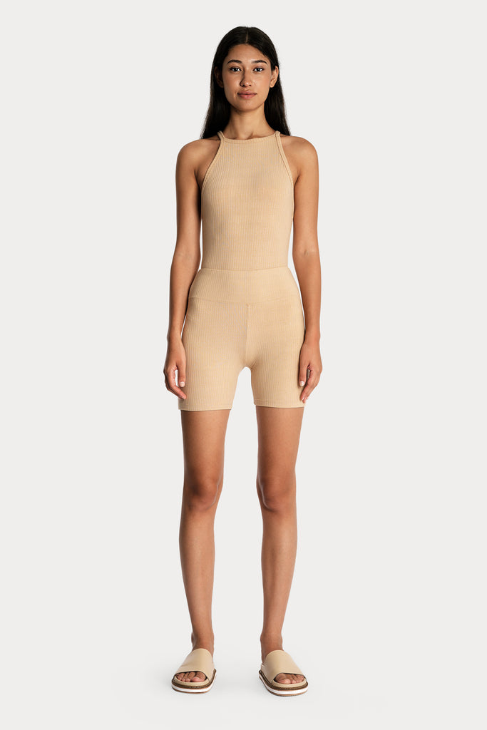 ECO RIB BIKER SHORTS | TAN with ECO RIB BODYSUIT | TAN; front side full body view.