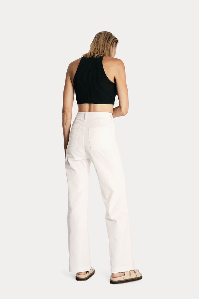 ECO RIB CROP TOP | BLACK with WIDE LEG TROUSERS | WHITE;  back side full body view.