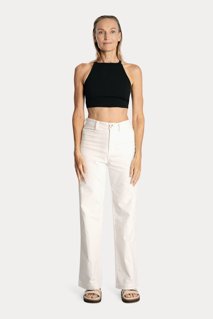 ECO RIB CROP TOP | BLACK with WIDE LEG TROUSERS | WHITE; front side full body view.