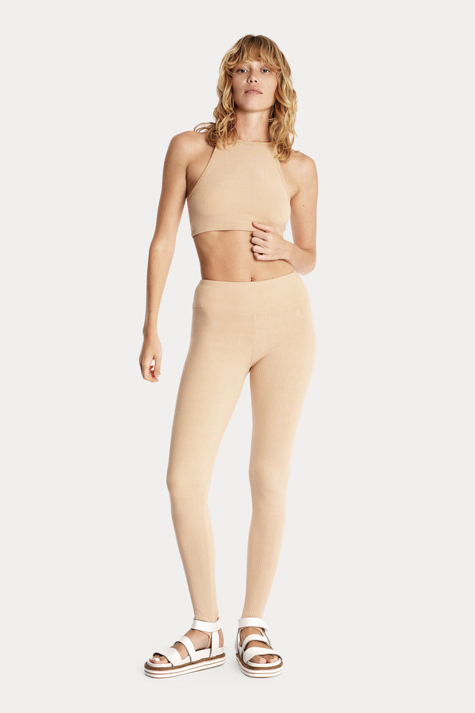 ECO RIB CROP TOP | TAN with ECO RIB STIRRUP LEGGINGS | TAN; front side full body view.