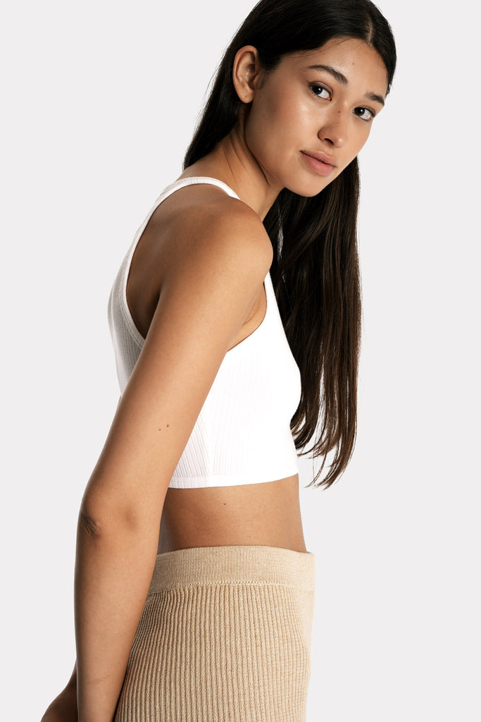 ECO RIB CROP TOP | WHITE with KNITTED COTTON RIB SHORTS | SAND; right side closeup view.