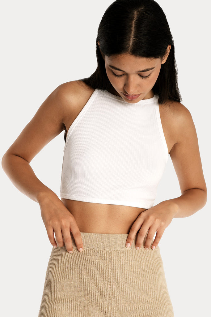 Lenzing ecovero eco rib jersey knit crop top in white with knit biker shorts in tan colour front side closeup view.