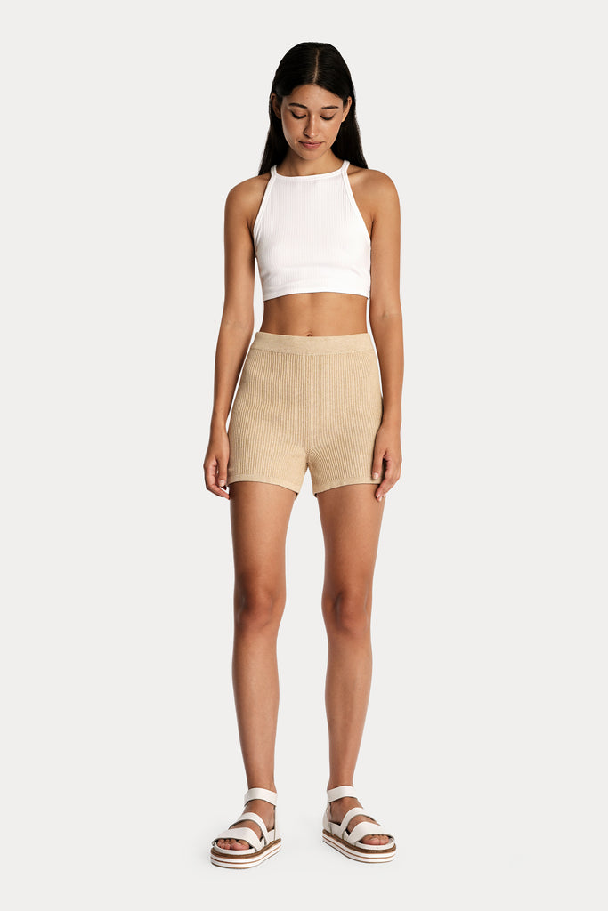Lenzing ecovero eco rib jersey knit crop top in white with knit biker shorts in tan colour front side full body view.