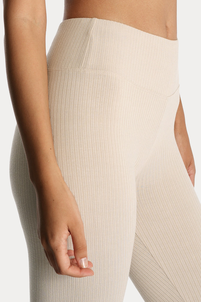 Lenzing ecovero eco rib jersey knit stirrup leggings in sand with knit bralette in sand right side detail view.