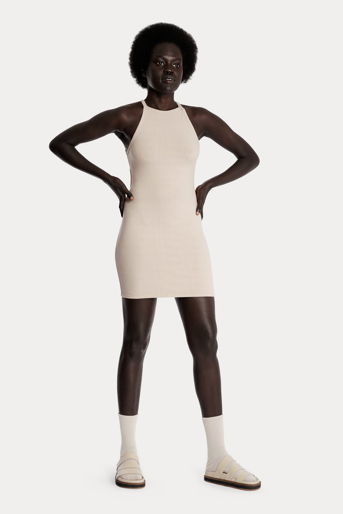 ECO RIB MINI DRESS | SAND; front side full body view.