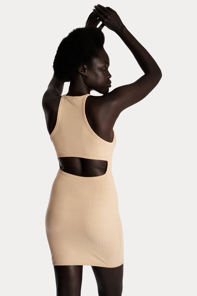 ECO RIB MINI DRESS | TAN; back side close up view.