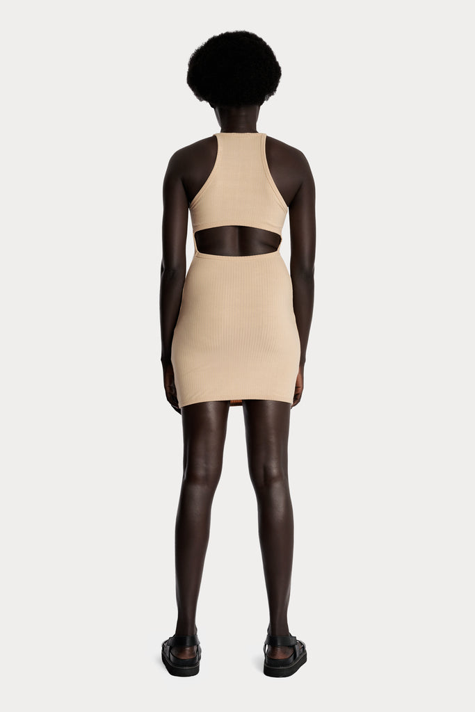 ECO RIB MINI DRESS | TAN; back side full body view.