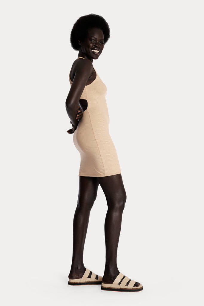 ECO RIB MINI DRESS | TAN; right side full body view.