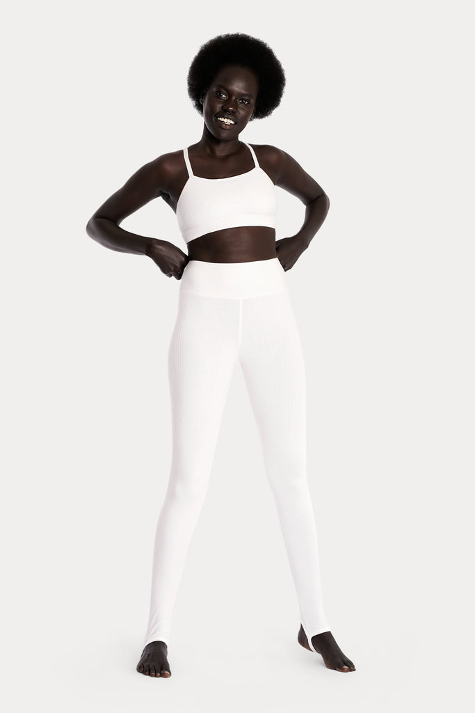 ECO RIB STIRRUP LEGGINGS | WHITE ECO RIB BRALETTE | WHITE; front side full body view.