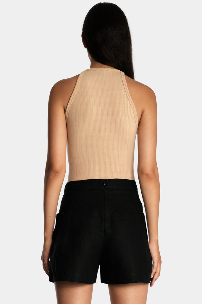 ECO RIB TANK TOP | TAN with ECO RIB BIKER SHORTS | BLACK; back side closeup view.