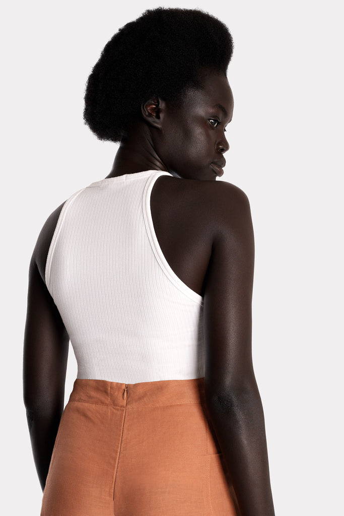 ECO RIB TANK TOP | WHITE with LINEN WIDE LEG TROUSERS | CLAY; back side closeup view.