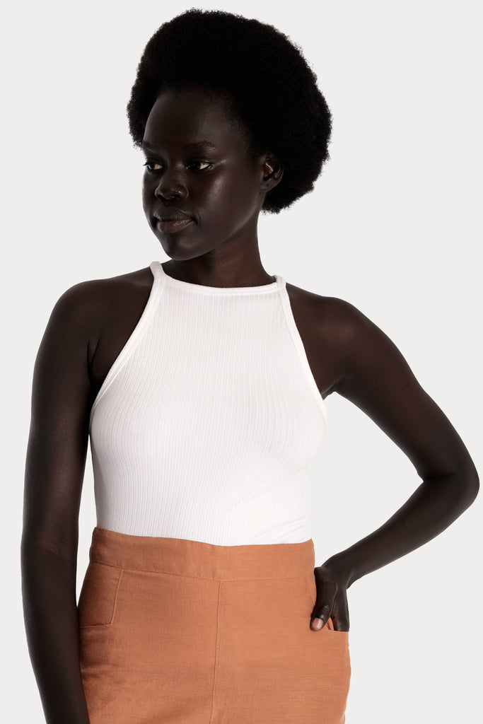 ECO RIB TANK TOP | WHITE with LINEN WIDE LEG TROUSERS | CLAY; front side closeup view.